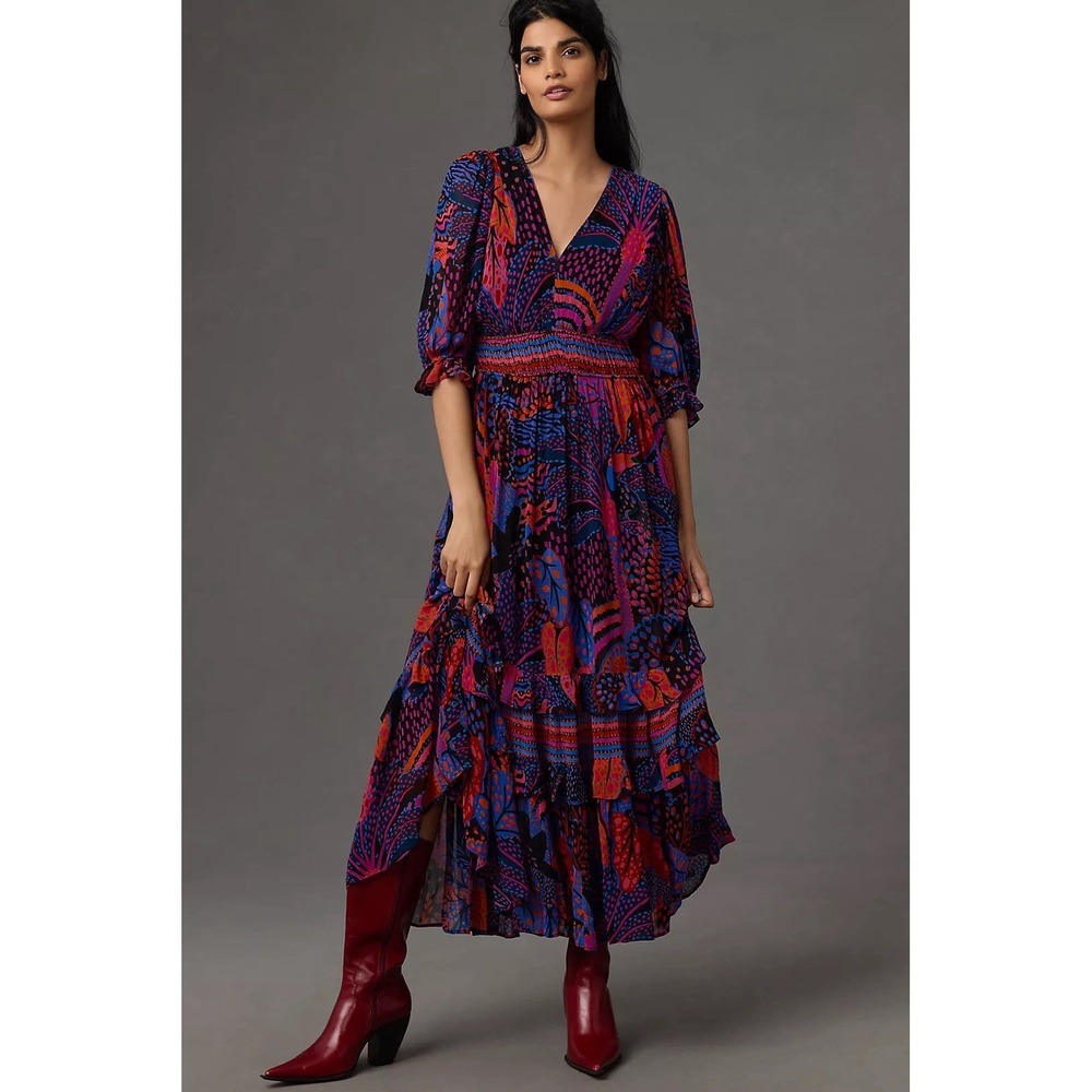 NWT Farm Rio Short-Sleeve V-Neck Tiered Ruffled Midi Dress Large MSRP $248